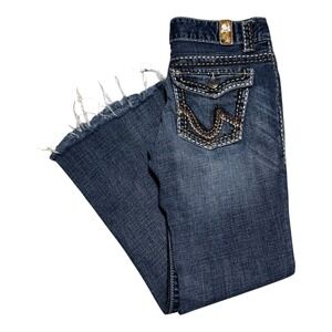 Y2K Maurices Embroidered Pocket Frayed Leg Jeans Women's 5/6 (31x28.25) Low RIse